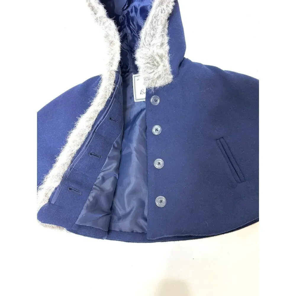 Janie & Jack Faux Fur Trimmed Hooded Navy Cape 6-12 month